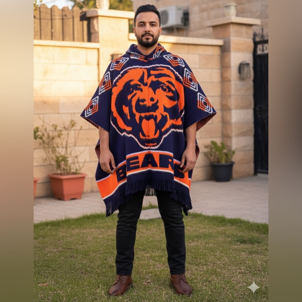 Chicago Bears alpaca poncho,unisex, one size, handcrafted in Ecuador